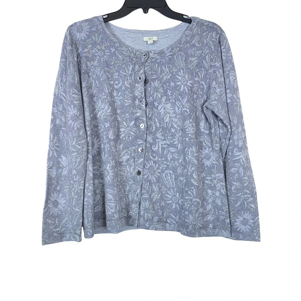 J.Jill Womens Gray Floral Long Sleeve Preppy Button Cardigan Small‎ Cottagecore